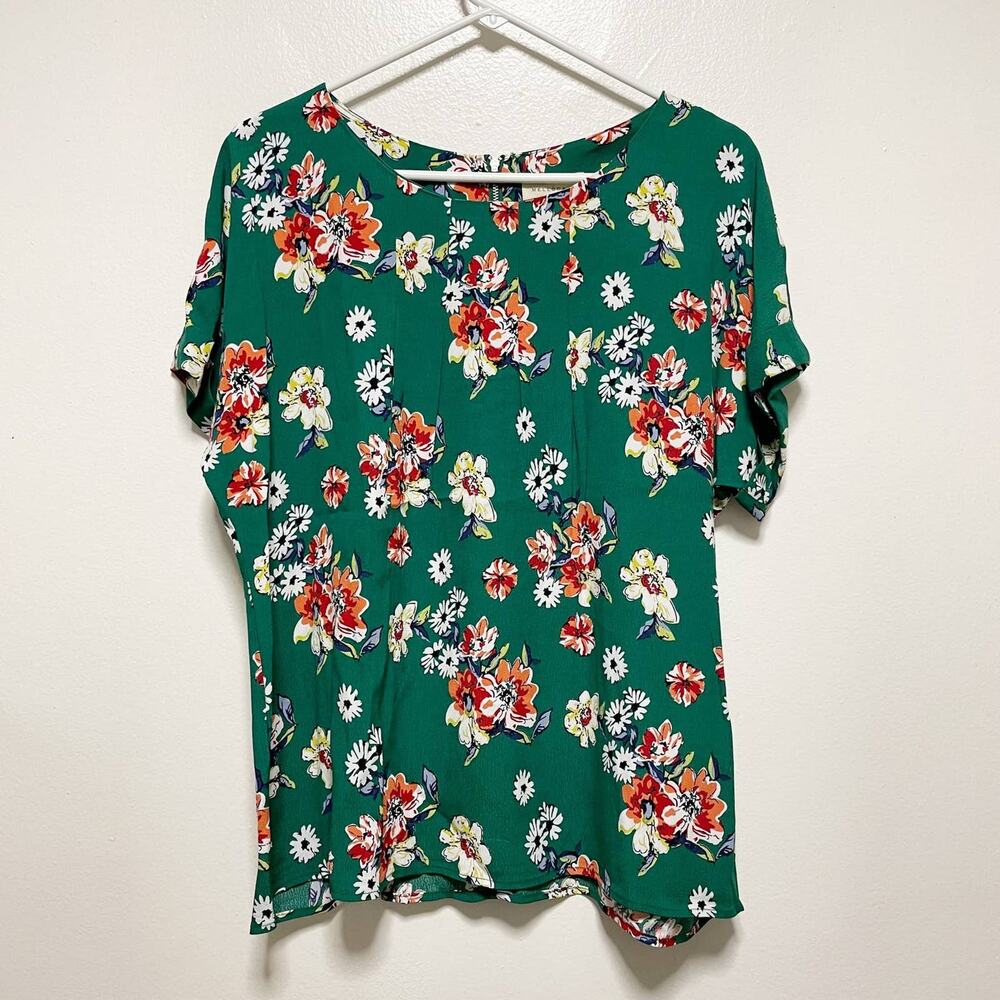 New! Melloday Green Floral Short Sleeve Blouse